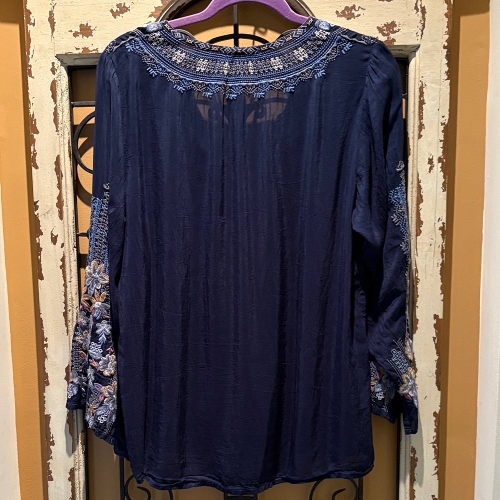 Johnny Was Dark Blue Floral Embroidered Blouse - Picture 6 of 10